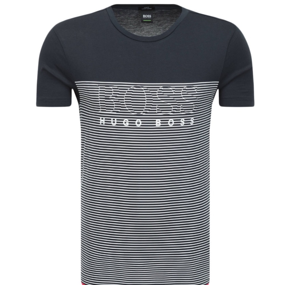 Hugo Boss Men's Navy and White Cotton Striped Tee, Slim Fit. Sz L